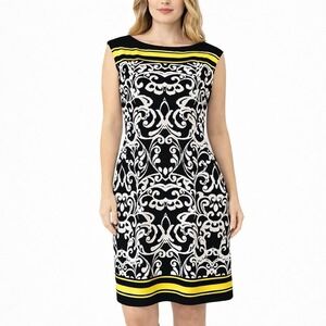 JESSICA HOWARD Sheath Dress sz L Black White Yellow Sleeveless Business Casual
